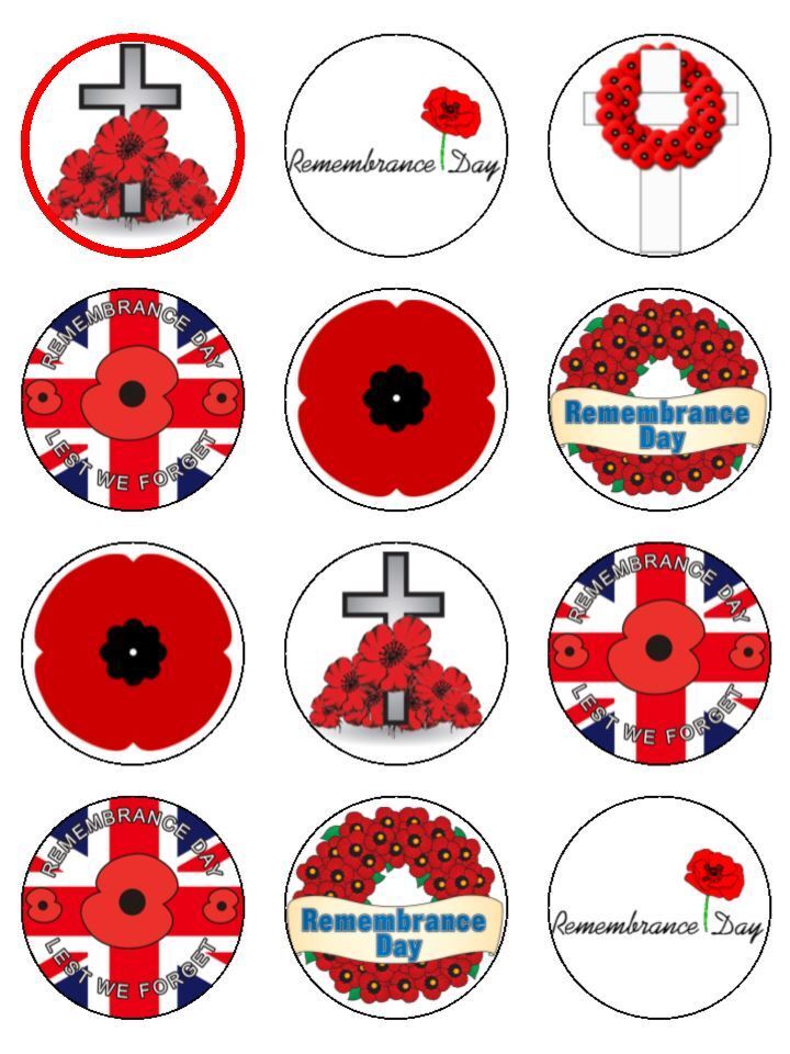Remembrance day 11th November poppy red edible printed Cupcake Toppers Icing Sheet of 12 Toppers
