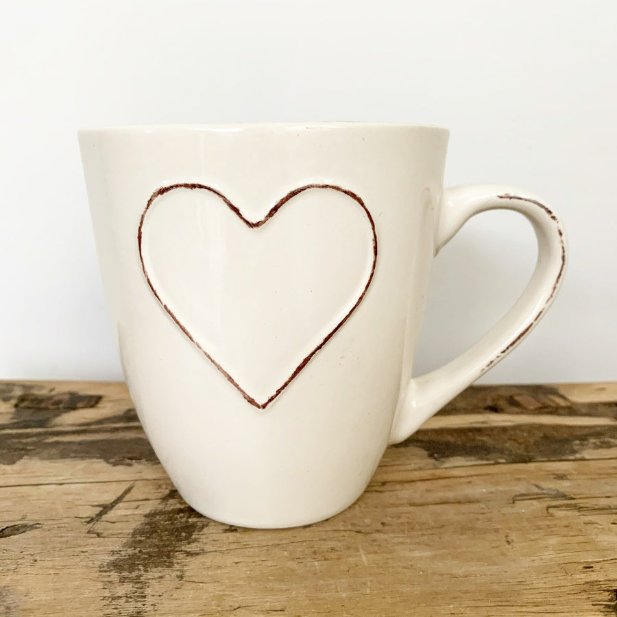 Large Cream Distressed Heart Embossed Mug