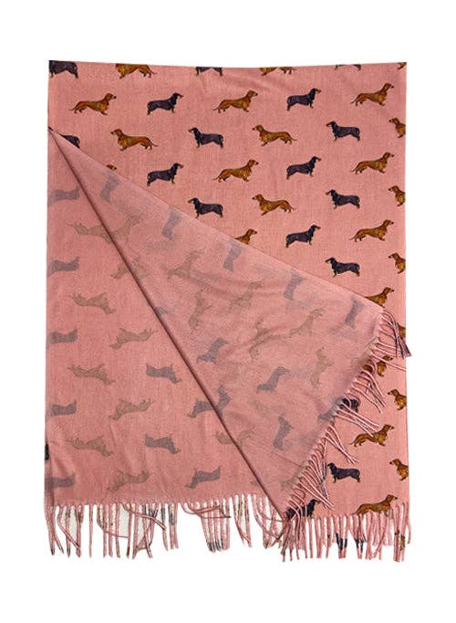 Dachshund Sausage Dog Print Pink Tassel Scarf