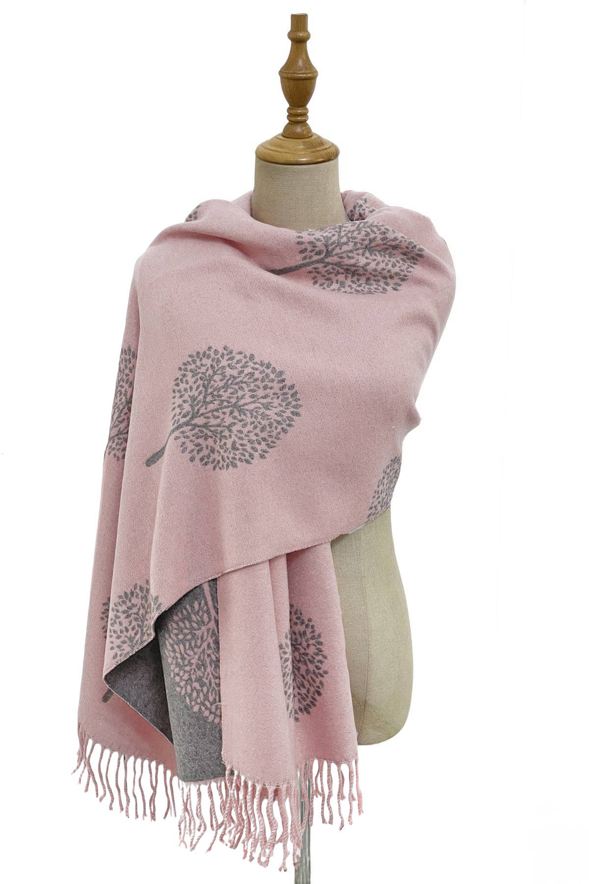 Light Pink and Soft Grey Tree Print Reversible Tassel Scarf