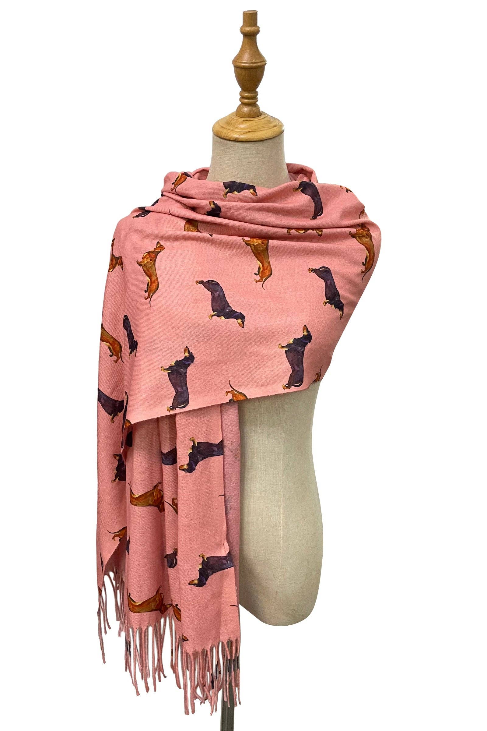 Dachshund Sausage Dog Print Pink Tassel Scarf