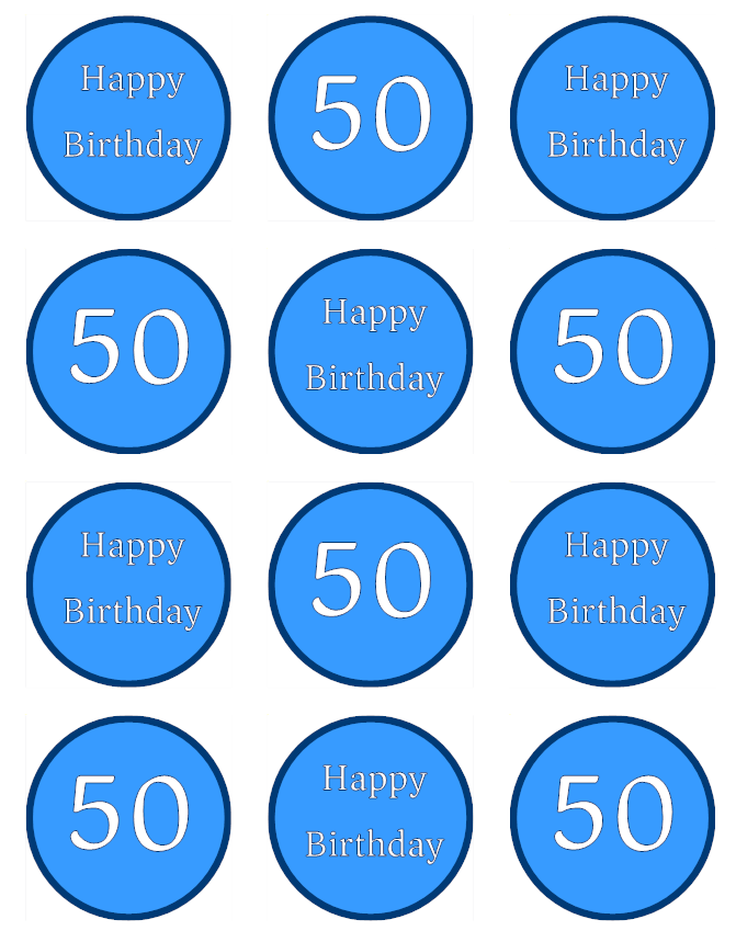 Blue Happy 50th Birthday Age 50 Edible Printed Cupcake Toppers Icing Sheet of 12 Toppers