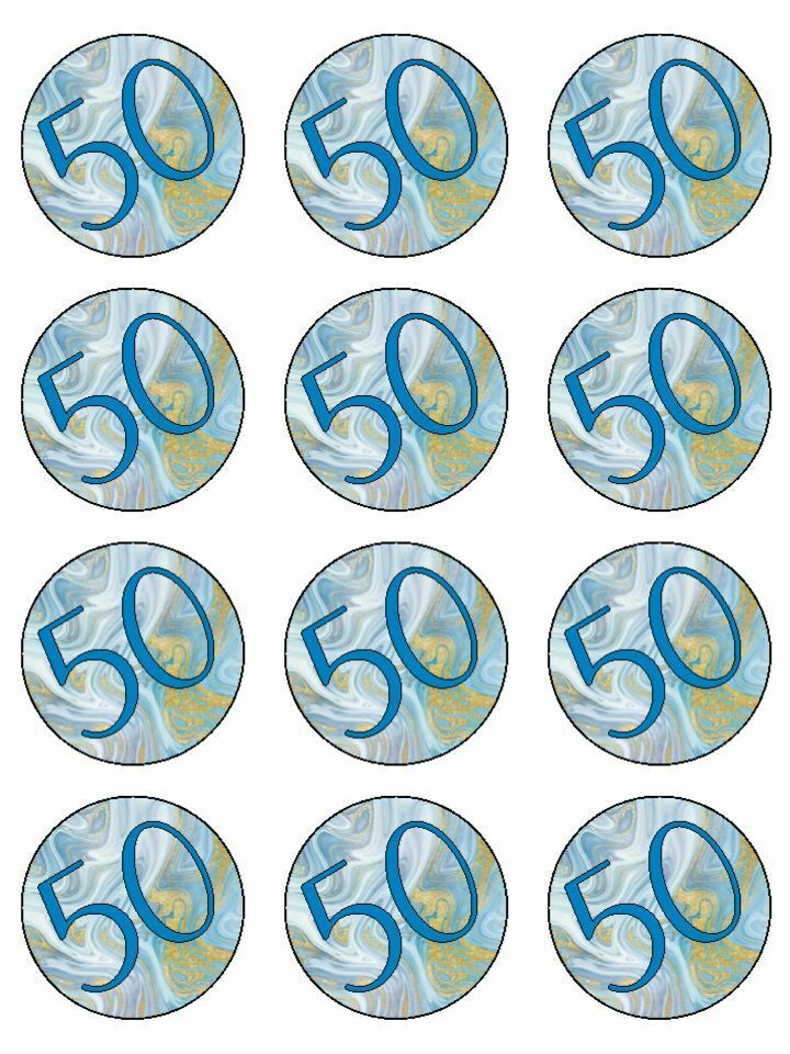 Age 50 50th birthday blue gold edible printed Cupcake Toppers Icing Sheet of 12 Toppers