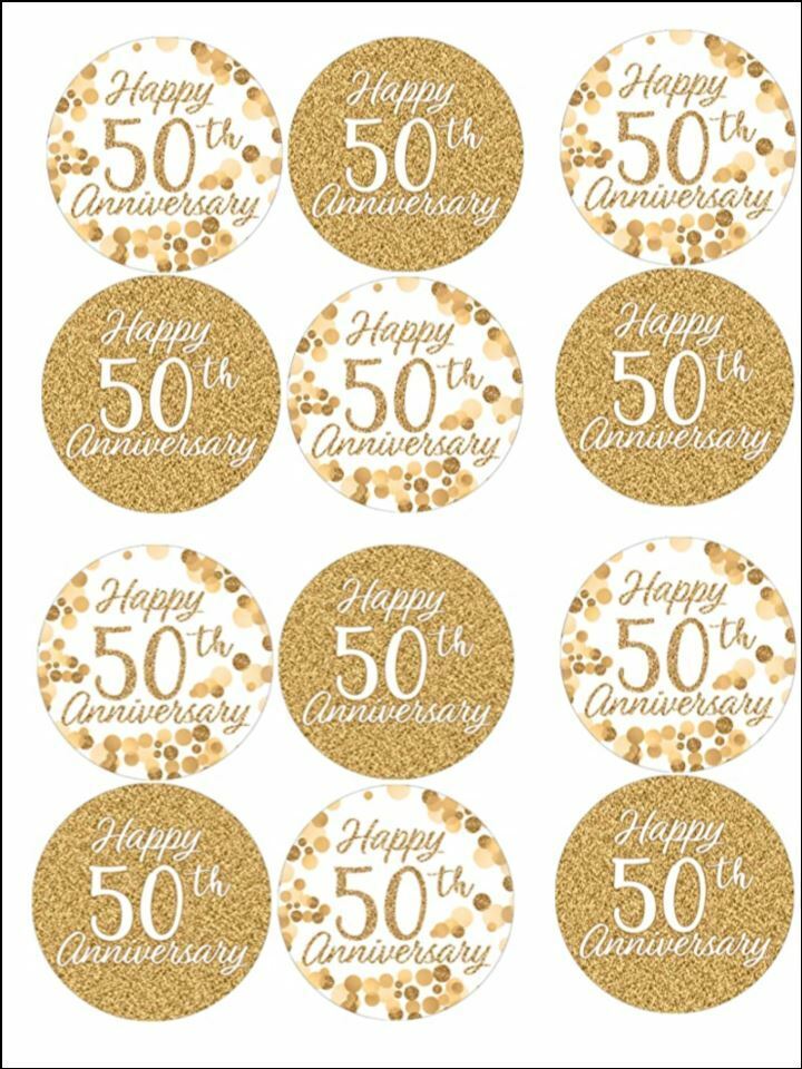 50th anniversary gold edible printed Cupcake Toppers Icing Sheet of 12 Toppers
