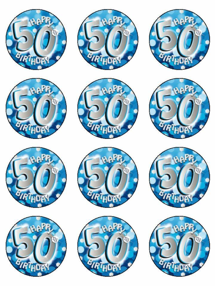 50th Birthday Blue silver 50 edible edible printed Cupcake Toppers Icing Sheet of 12 Toppers