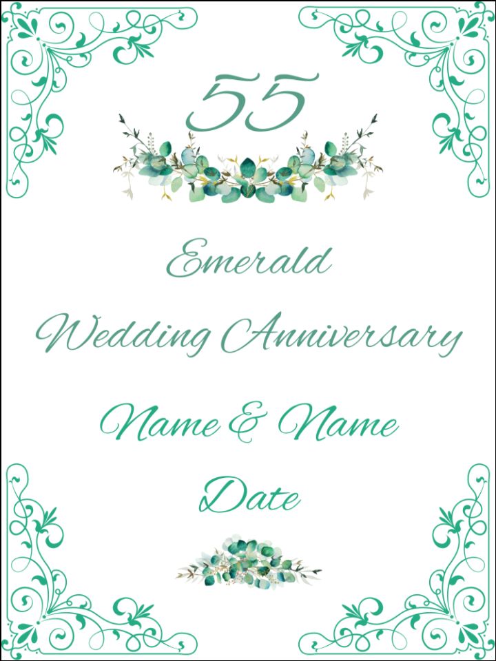 55 55th Emerald Wedding Anniversary Personalised Edible Printed Cake Topper Icing Sheet Rectangle / Oblong