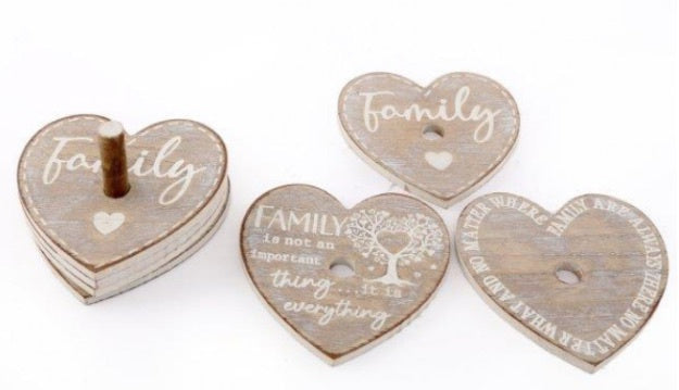 Set of 6 Heart Shaped Drinks Coasters with Family Themed Messages 