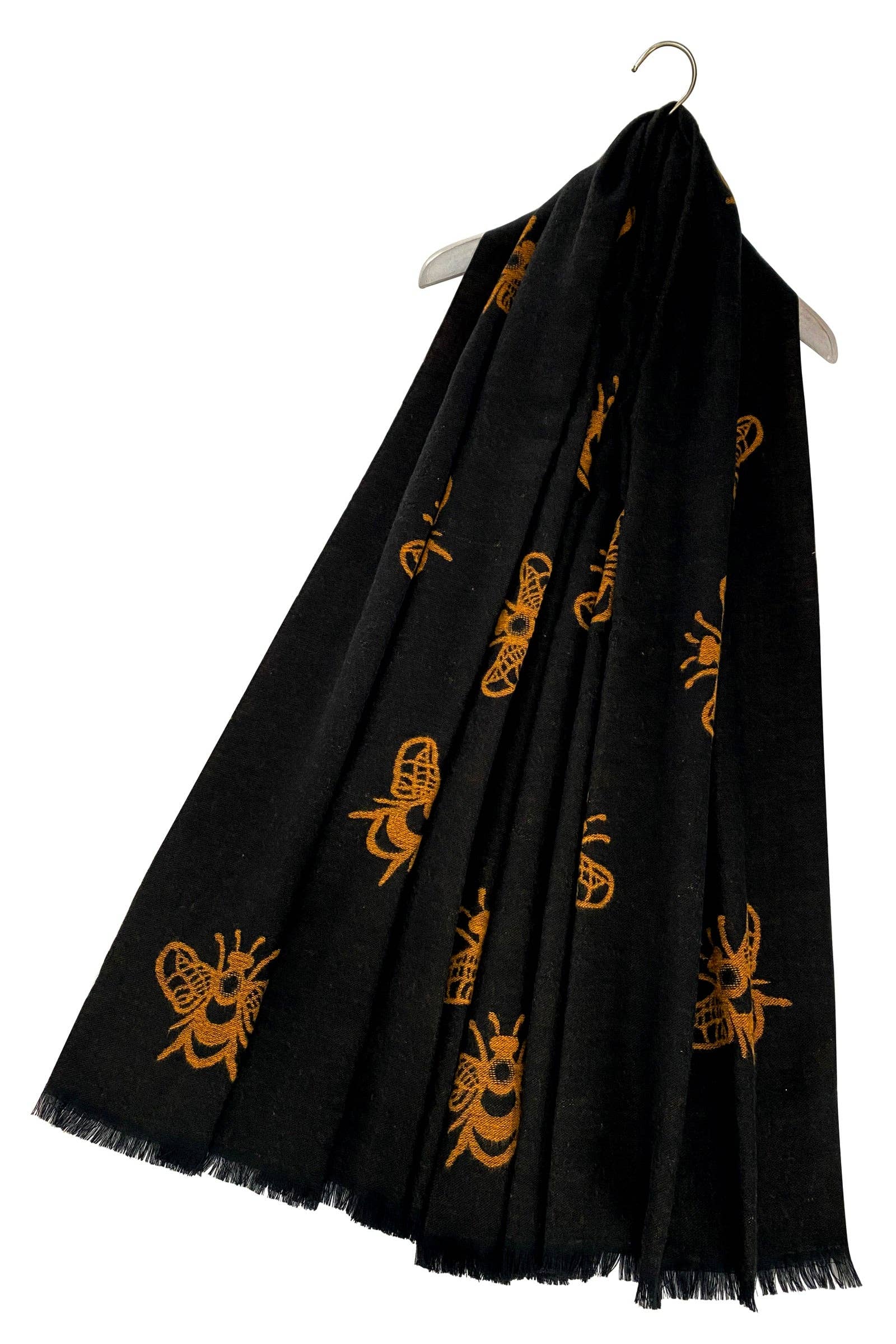 Reversible Soft Black and Mustard Bee Print Frayed Edge Scarf