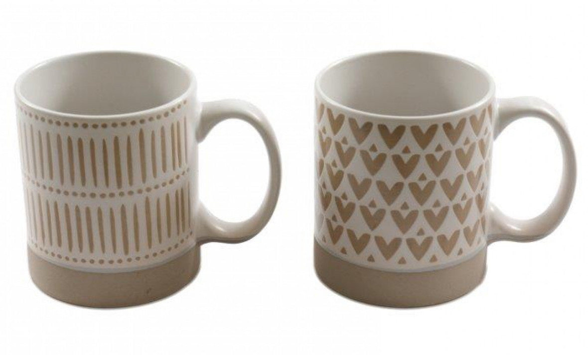 Stoneware Neutral Toned Mug with Hearts or Stripes - Sold singly 