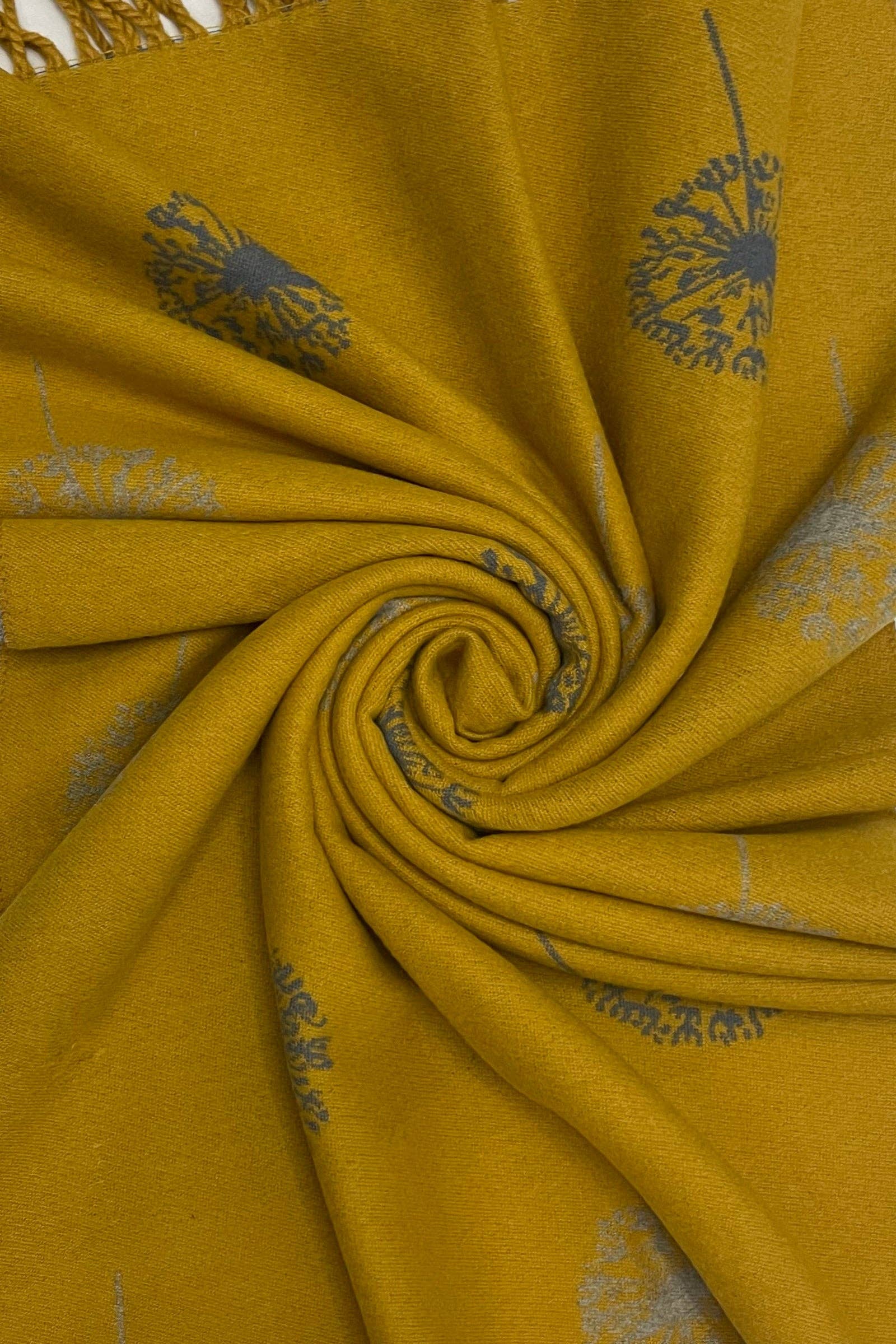 Mustard Yellow Dandelion Print With Reversible Stripe Tassel Scarf