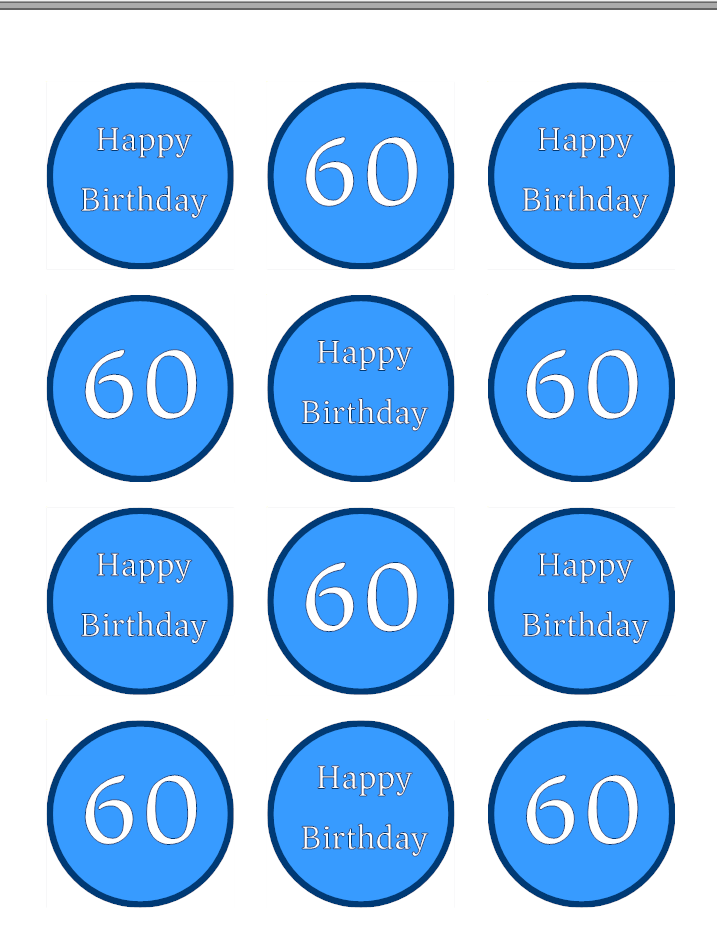 Blue Happy 60th Birthday Age 60 Edible Printed Cupcake Toppers Icing Sheet of 12 Toppers