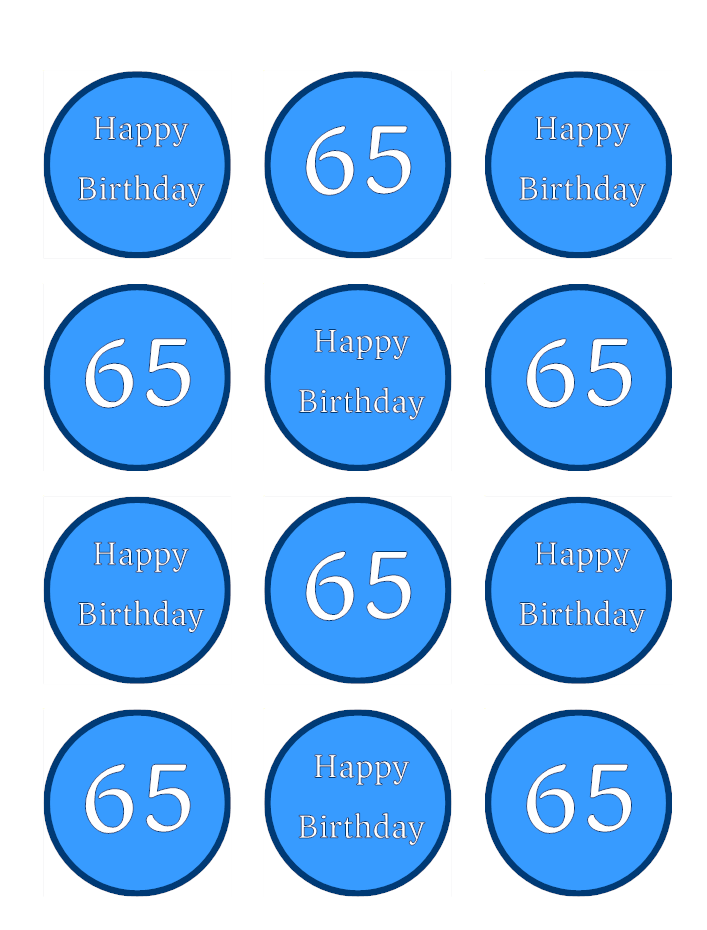 Blue Happy 65th Birthday Age 65 Edible Printed Cupcake Toppers Icing Sheet of 12 Toppers