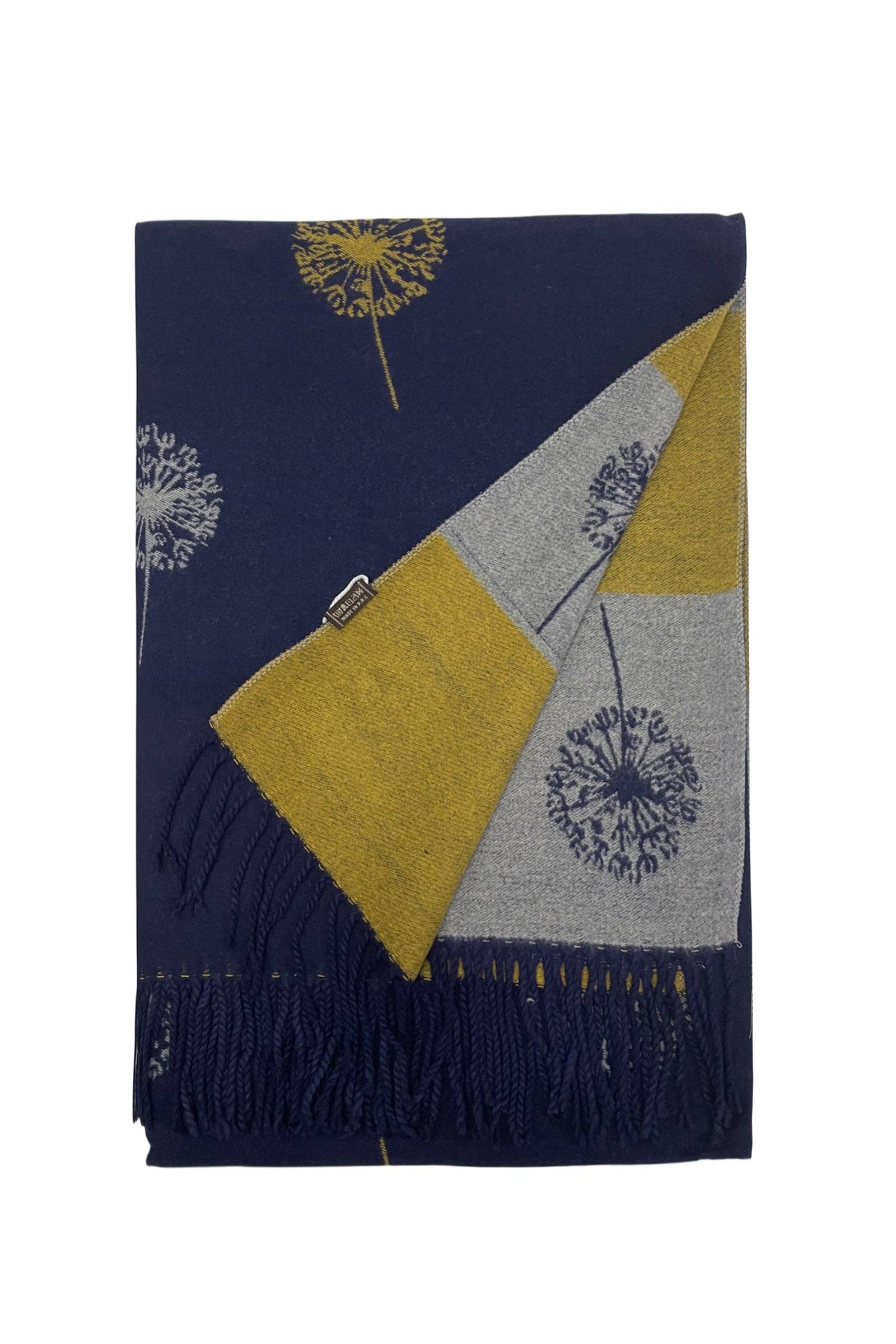 Navy, Yellow & Grey Dandelion Print With Reversible Stripe Tassel Scarf