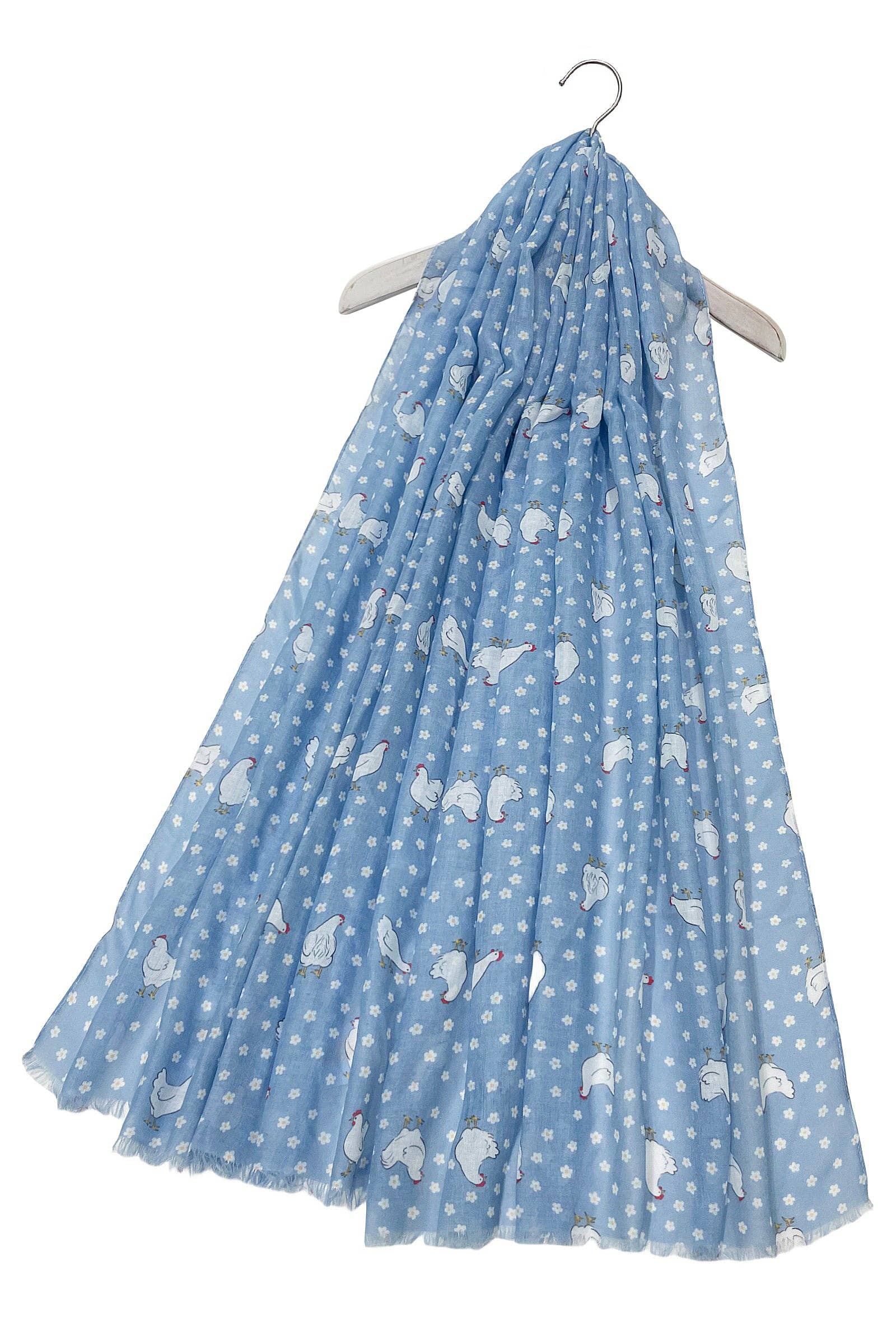 Chicken & Mini Daisy Print Frayed Edge Blue Scarf