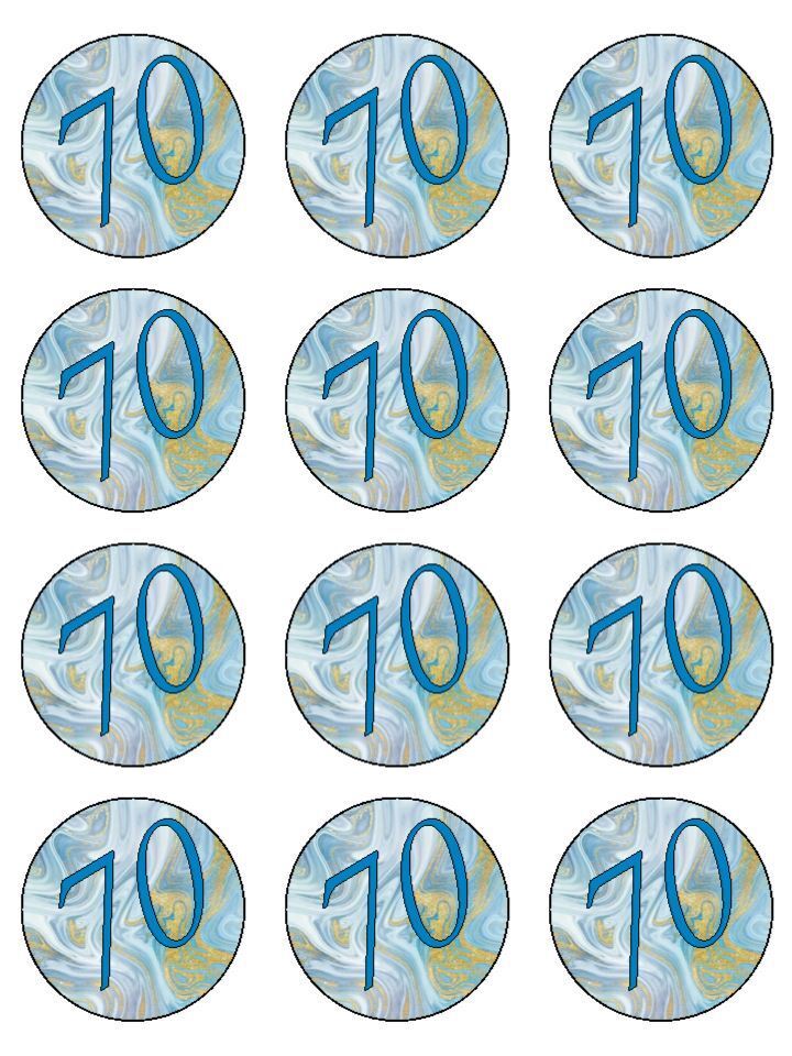 Age 70 70th birthday blue gold Edible Printed Cupcake Toppers Icing Sheet of 12 Toppers