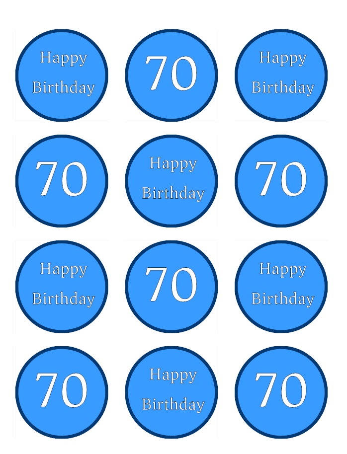 Blue Happy 70th Birthday Age 70 Edible Printed Cupcake Toppers Icing Sheet of 12 Toppers