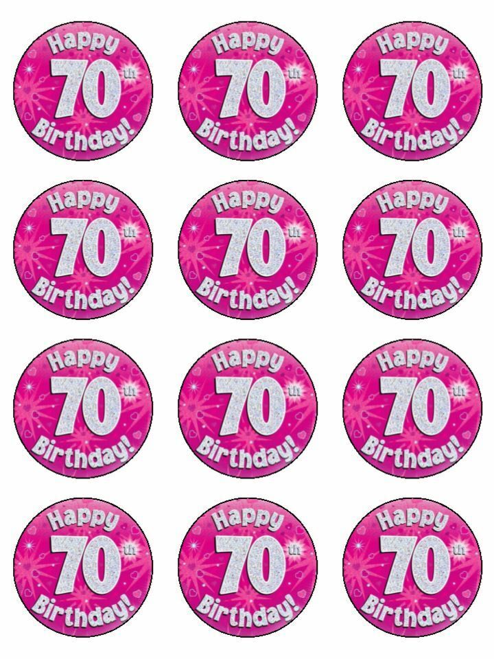 Pink 70th birthday silver pink edible edible printed Cupcake Toppers Icing Sheet of 12 Toppers