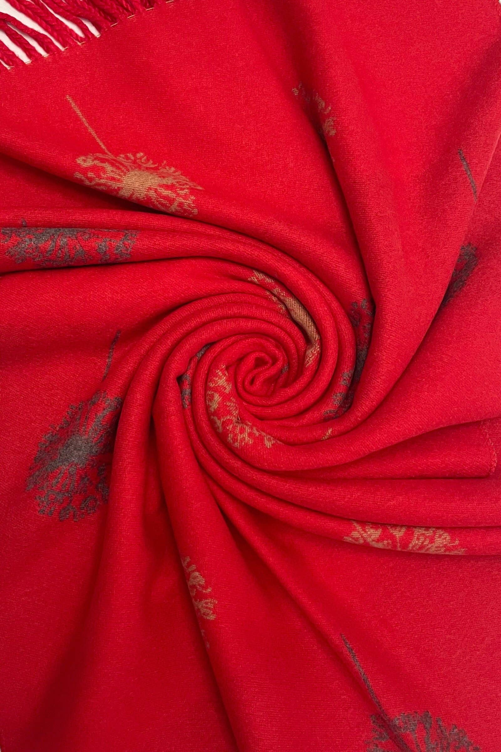 Red Dandelion Print With Reversible Stripe Tassel Scarf