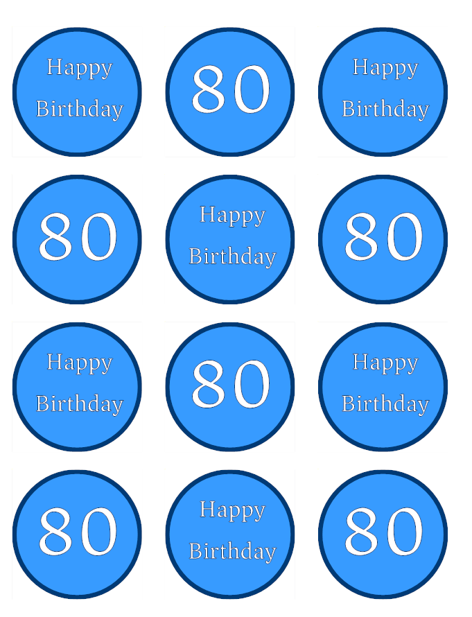 Blue Happy 80th Birthday Age 80 Edible Printed Cupcake Toppers Icing Sheet of 12 Toppers