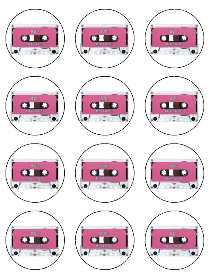 cassette tapes music retro 80's Edible Printed Cupcake Toppers Icing Sheet of 12 Toppers