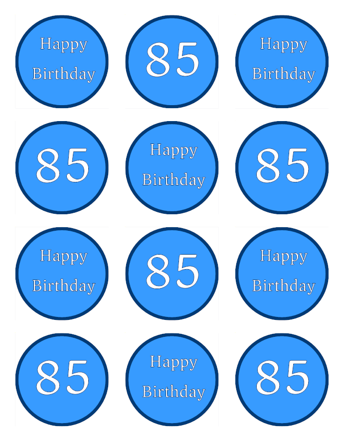 Blue Happy 85th Birthday Age 85 Edible Printed Cupcake Toppers Icing Sheet of 12 Toppers