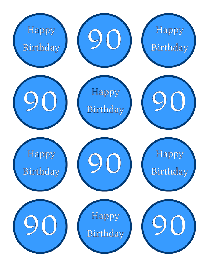 Blue Happy 90th Birthday Age 90 Edible Printed Cupcake Toppers Icing Sheet of 12 Toppers