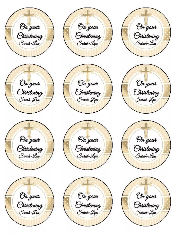 Christening Religious Gold Theme personalised Edible Printed Cupcake Toppers Icing Sheet of 12 toppers 