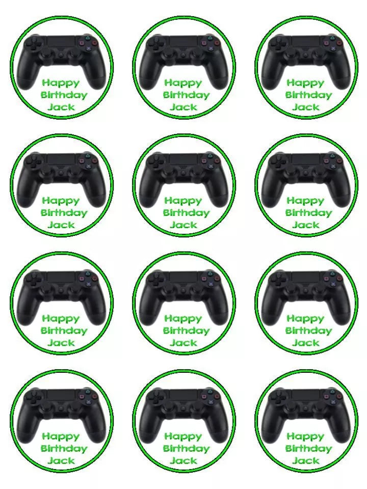 Controller gaming gamer personalised Edible Printed Cupcake Toppers Icing Sheet of 12 toppers 