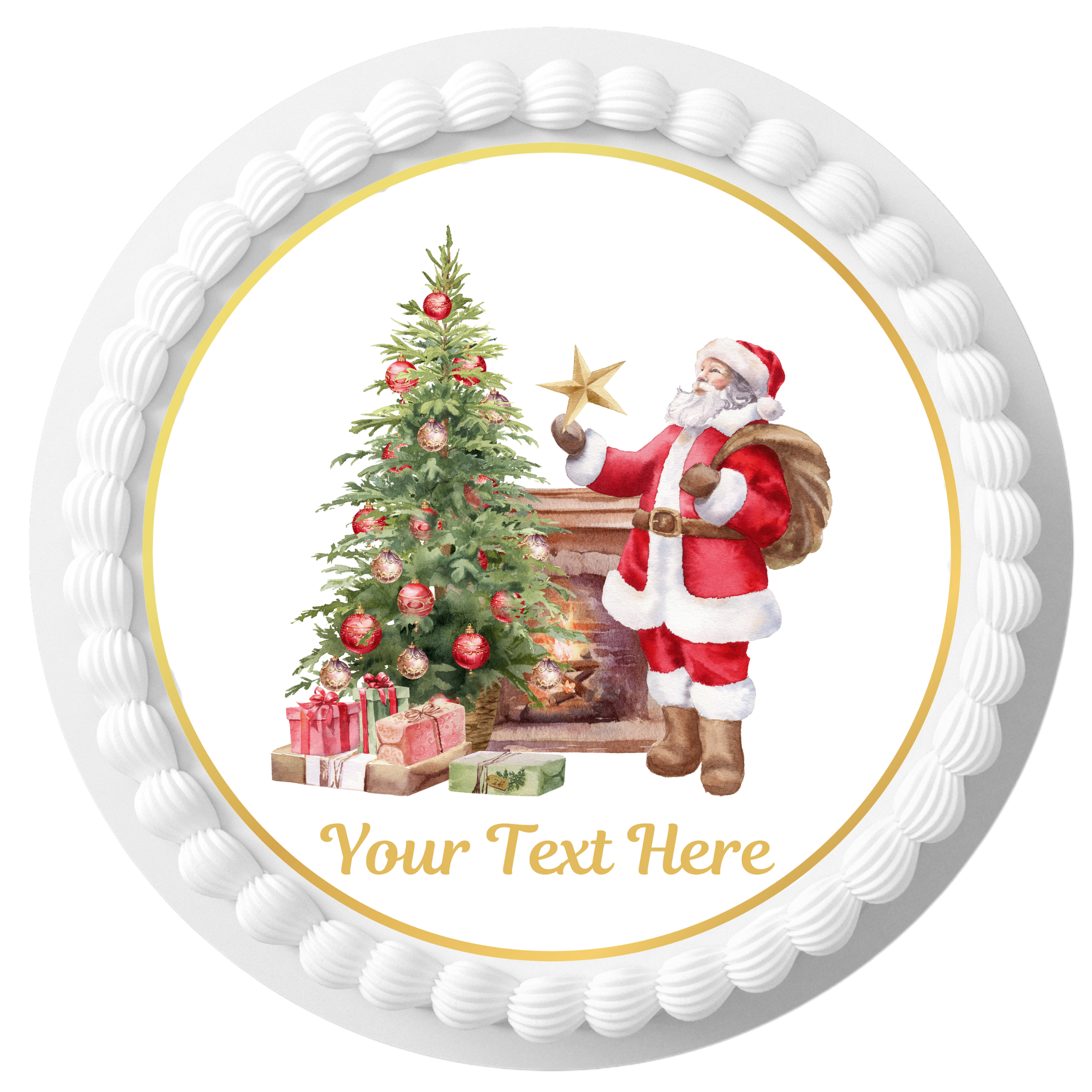 Father Christmas Santa Gift Giving Personalised Edible Printed Cake Topper Round Icing Sheet