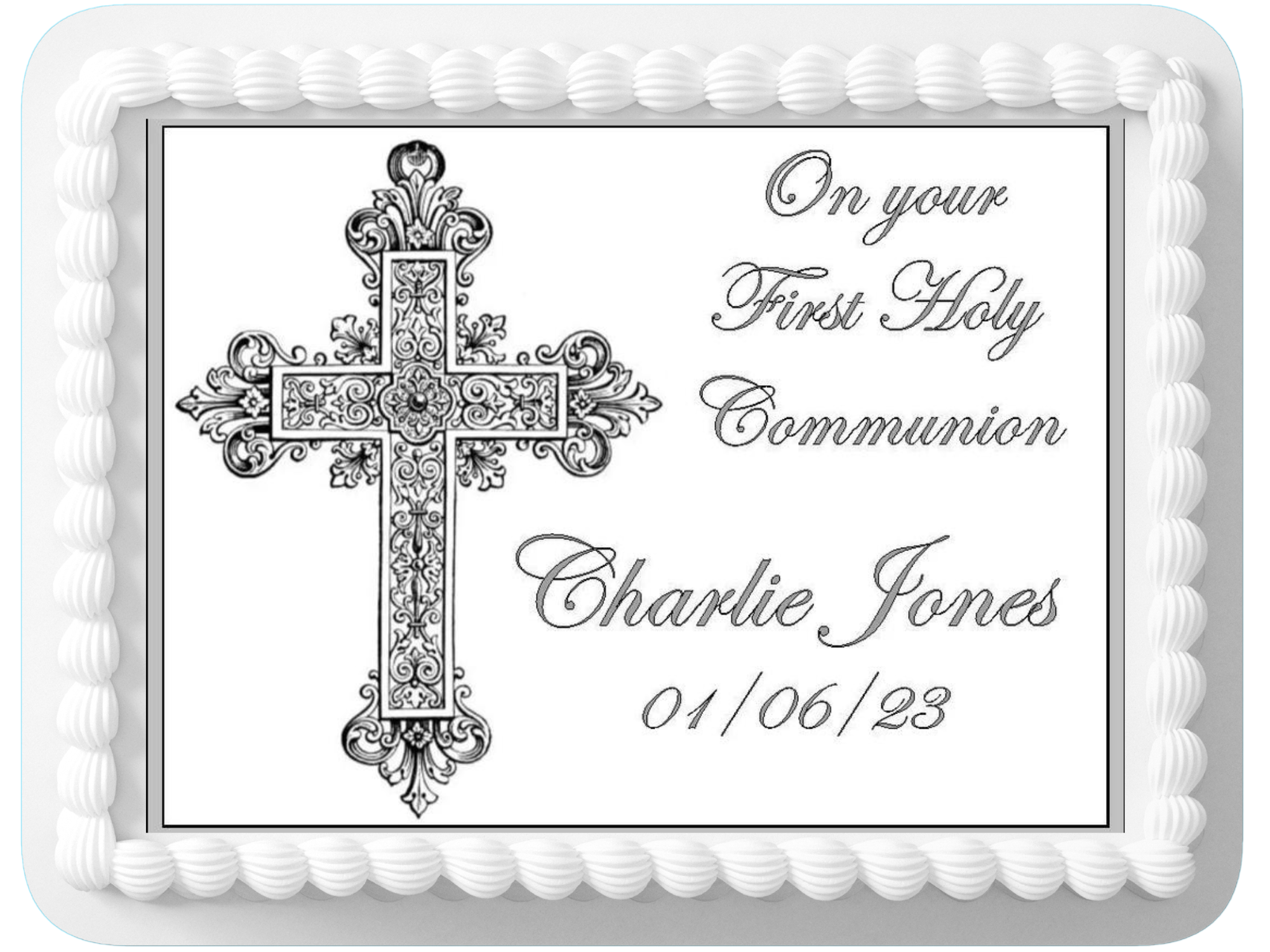 First Holy Communion Cross Personalised Edible Printed Cake Topper Icing Sheet Rectangle / Oblong