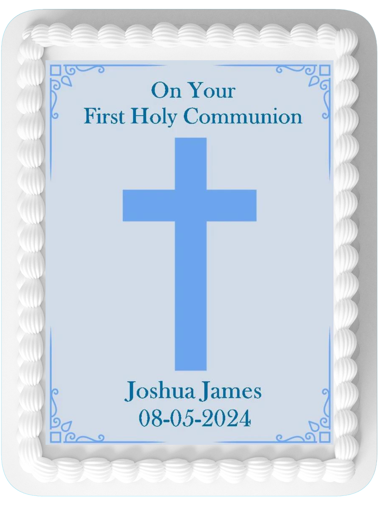 First Holy communion Blue Personalised Edible Printed Cake Topper Icing Sheet Rectangle / Oblong