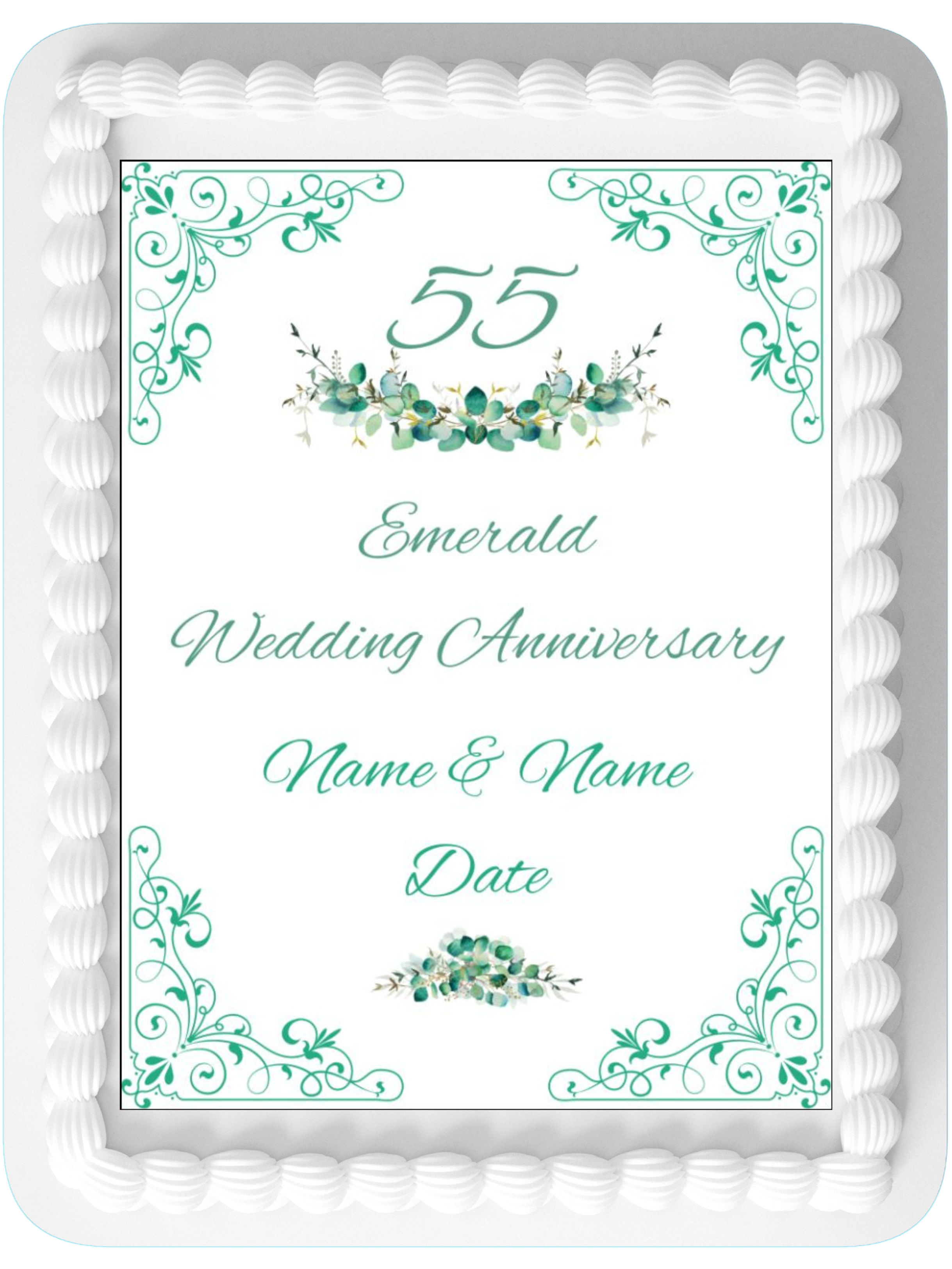 55 55th Emerald Wedding Anniversary Personalised Edible Printed Cake Topper Icing Sheet Rectangle / Oblong