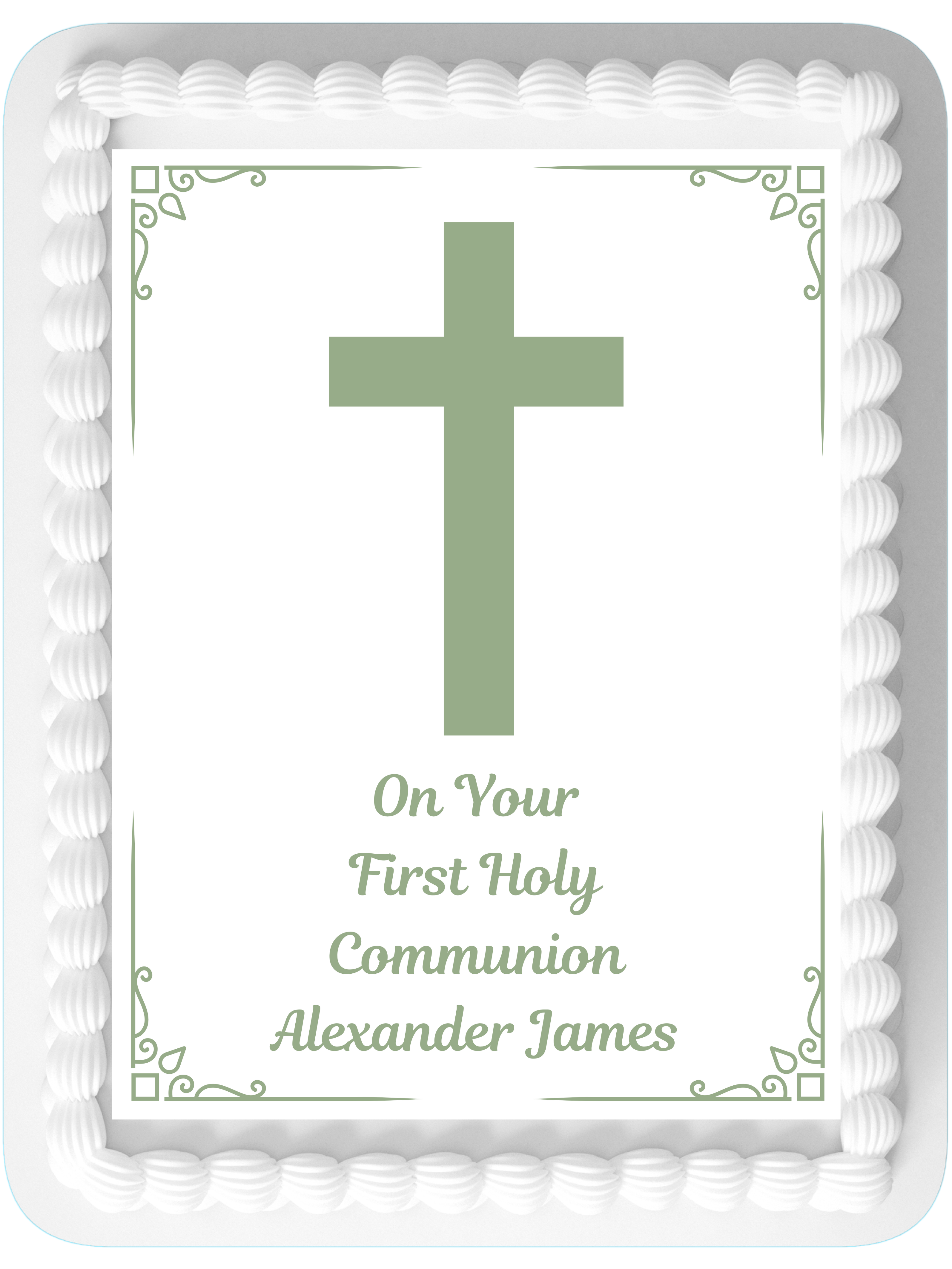 First Holy communion Sage Green Personalised Edible Printed Cake Topper Icing Sheet Rectangle / Oblong