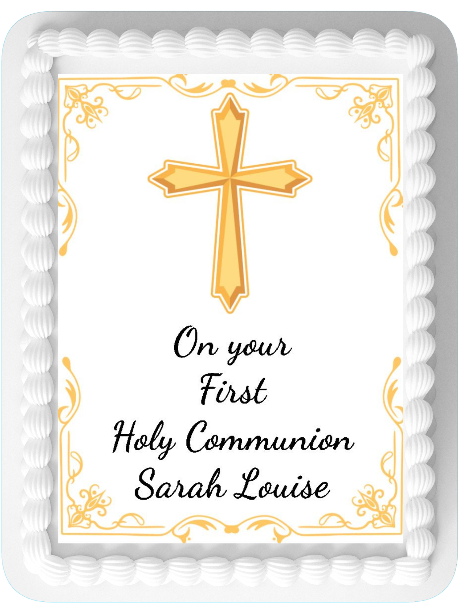 First Holy communion Gold Personalised Edible Printed Cake Topper Icing Sheet Rectangle / Oblong