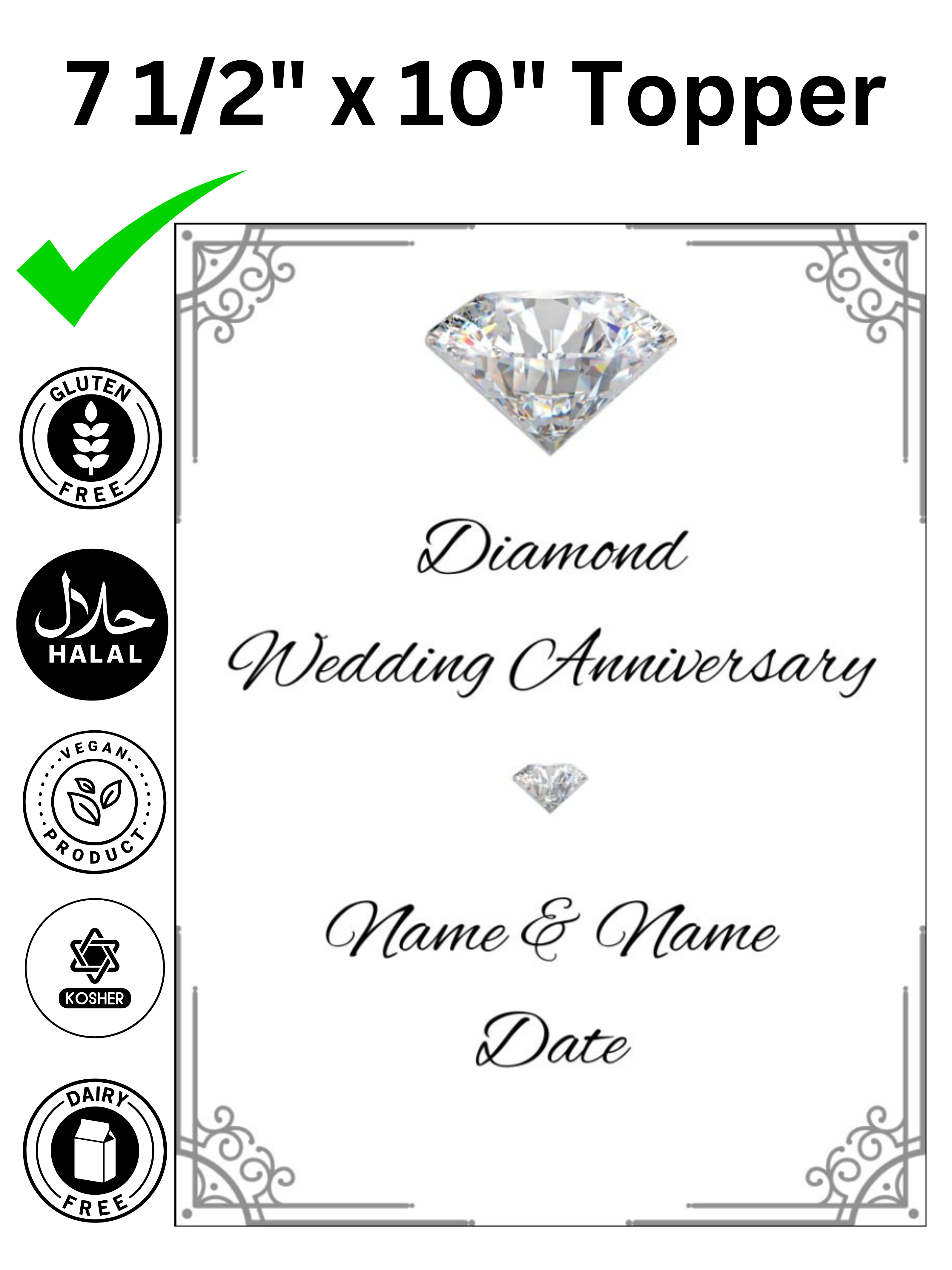 60 60th Diamond Wedding Anniversary Personalised Edible Printed Cake Topper Icing Sheet Rectangle / Oblong