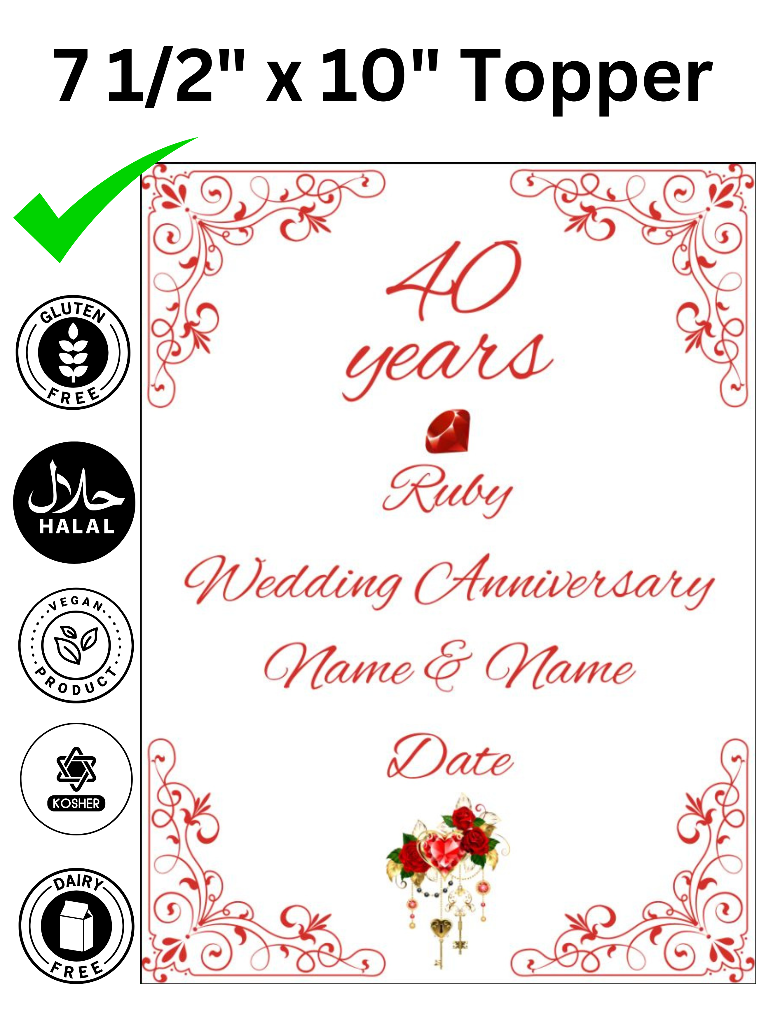 40 40th Ruby Wedding Anniversary Personalised Edible Printed Cake Topper Icing Sheet Rectangle / Oblong