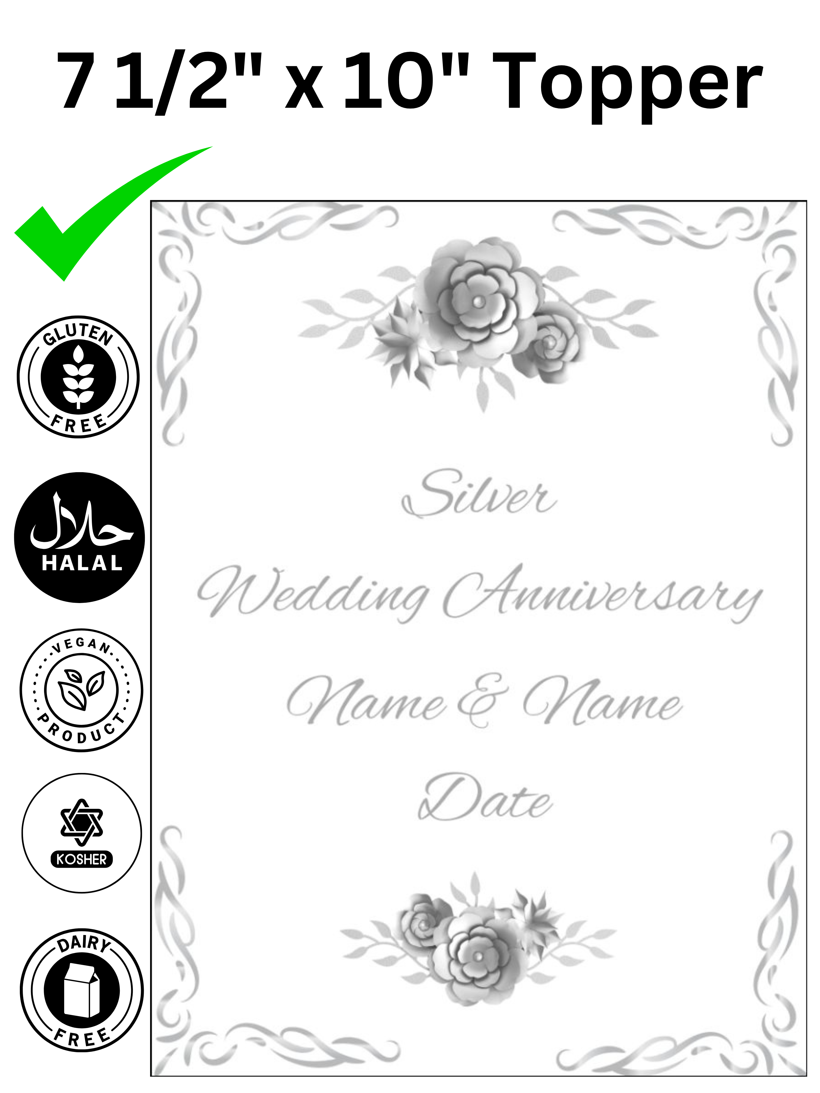 25 25th Silver Wedding Anniversary Personalised Edible Printed Cake Topper Icing Sheet Rectangle / Oblong