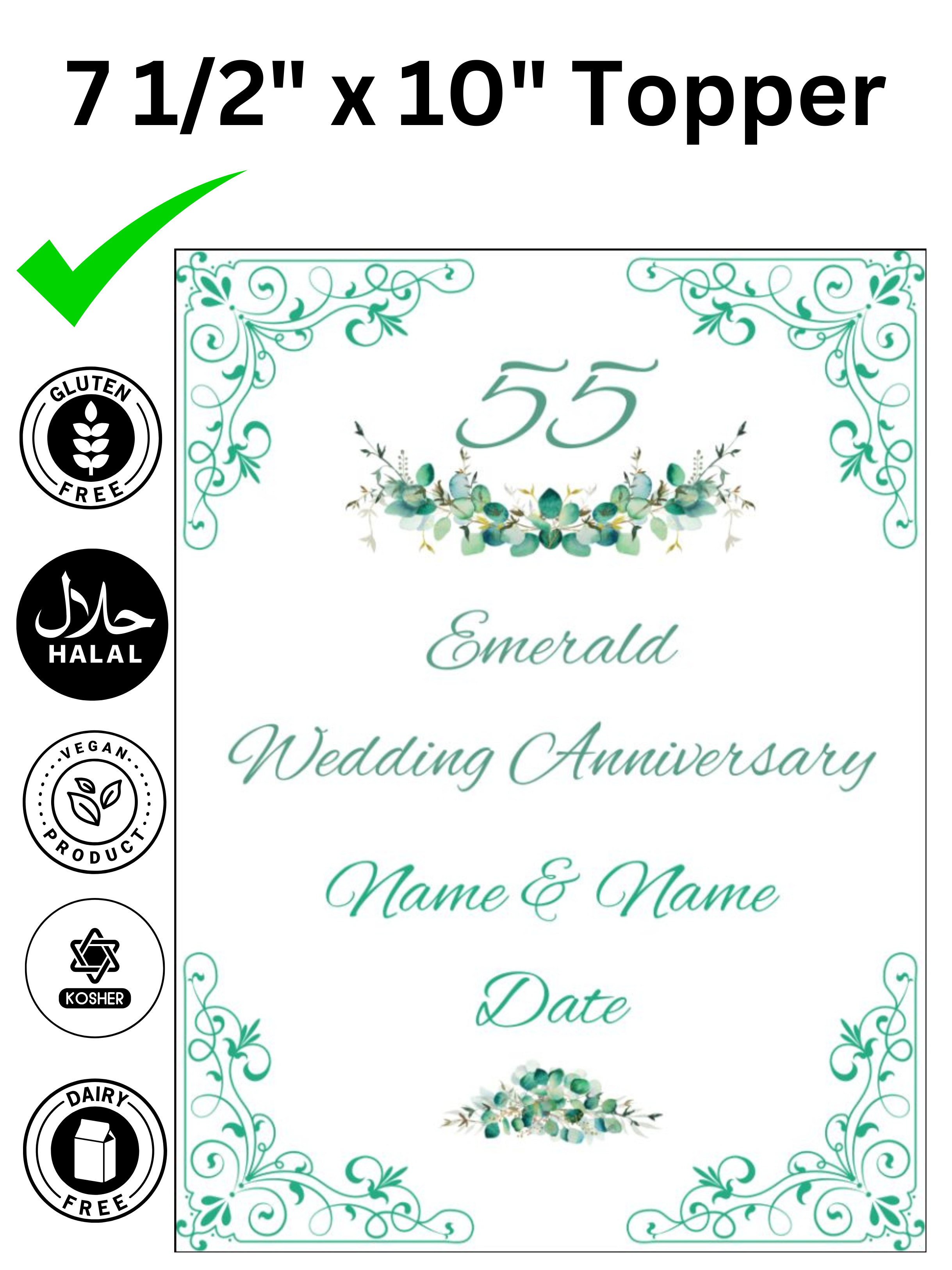 55 55th Emerald Wedding Anniversary Personalised Edible Printed Cake Topper Icing Sheet Rectangle / Oblong