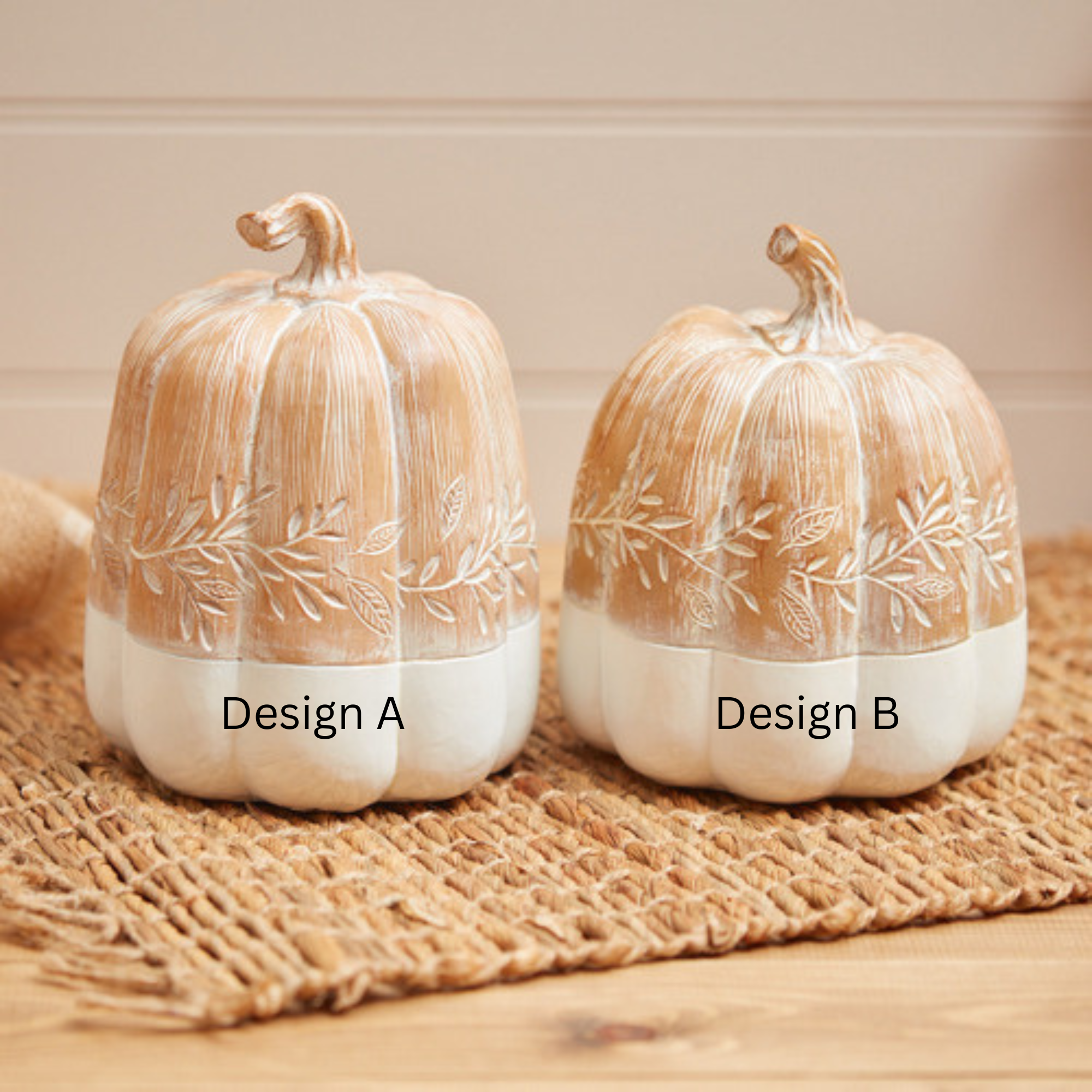 Decorative Neutral Toned Floral Carved Style Rustic Pumpkin - Sold Singly - Choose Preferred Design