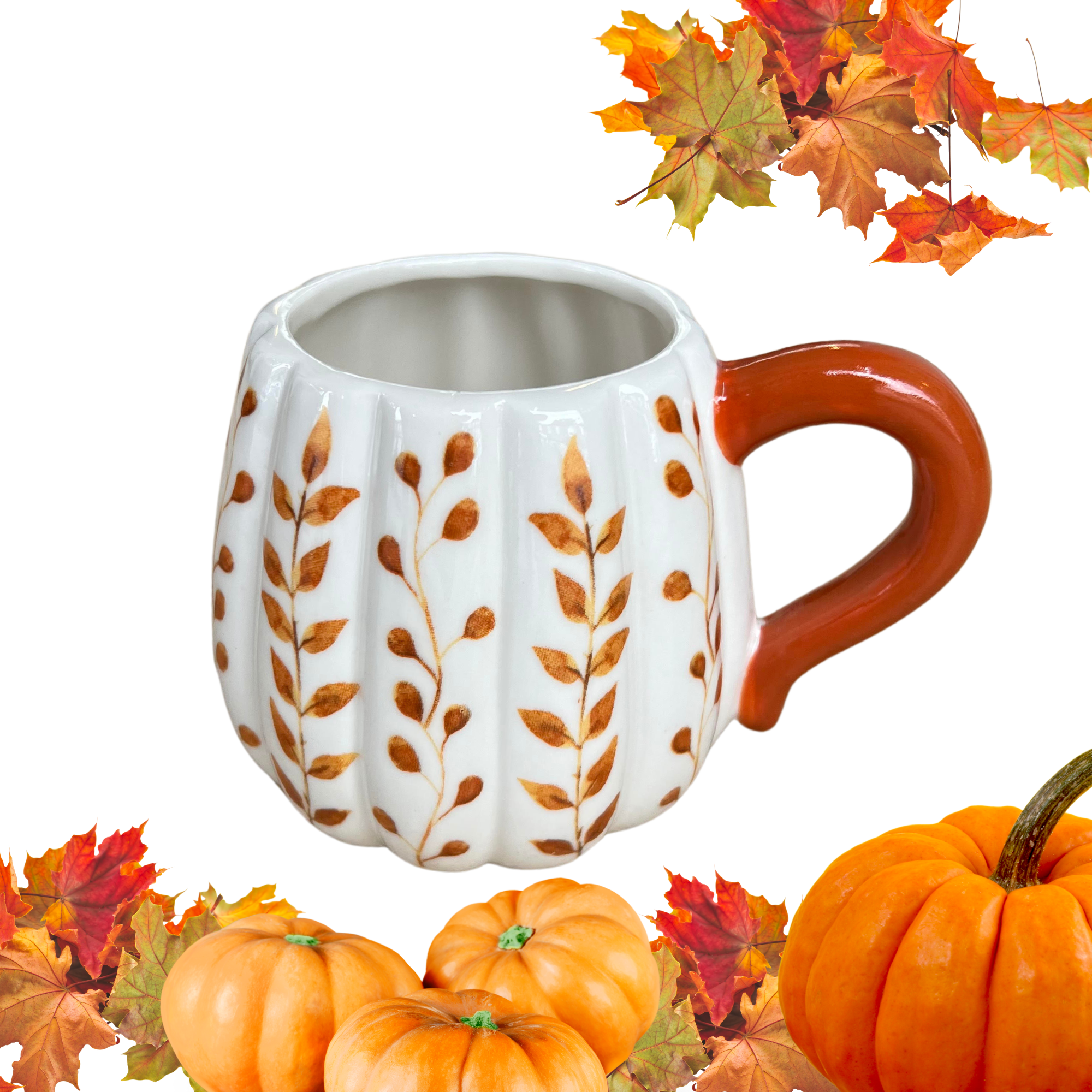 Autumn Leaves Mug with Ribbed Design and Orange Toned Handle
