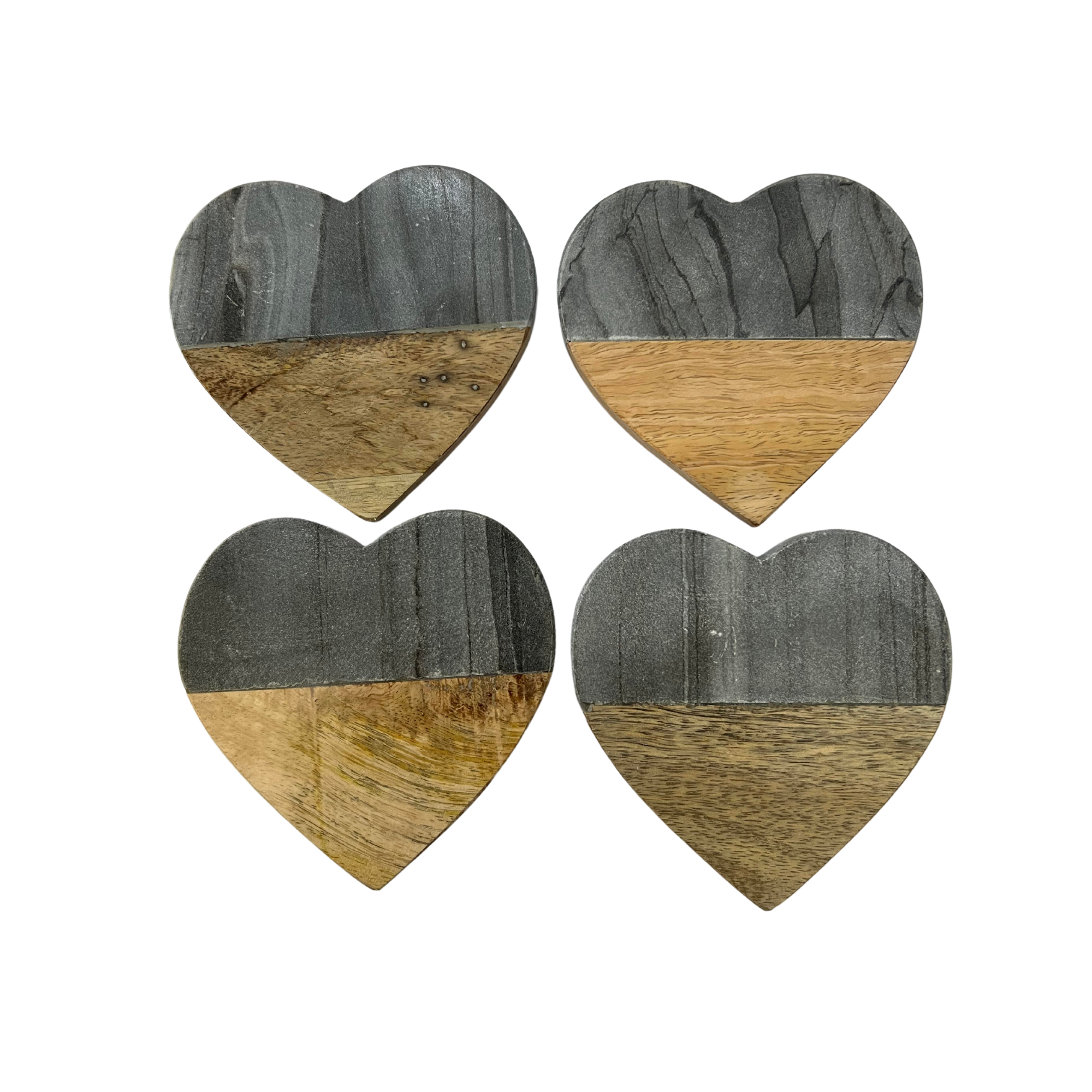 Wood and Grey Marble Heart Shaped Set of Four Drinks Coasters - Choose Colour