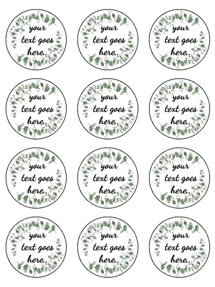 Eucalyptus Greenery Foliage personalised Edible Printed Cupcake Toppers Icing Sheet of 12 toppers 