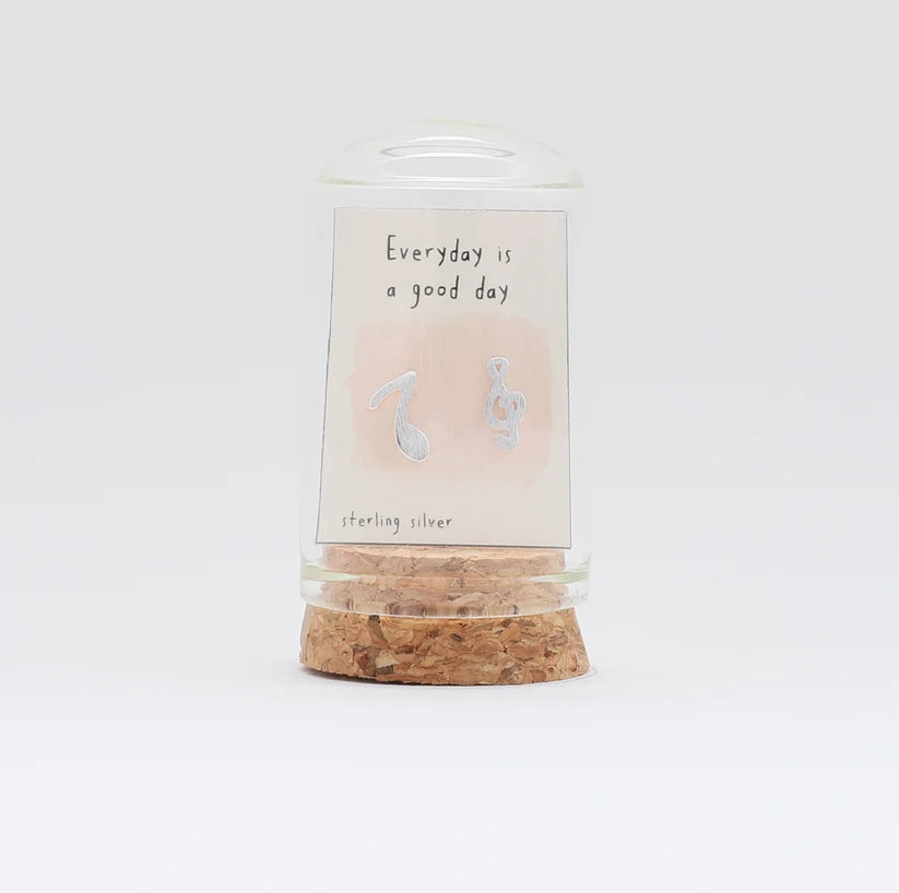 Every Day is a Good Day - Terrarium Bottle - Music Note Treble Clef Stud Earrings with Butterfly Back - Silver
