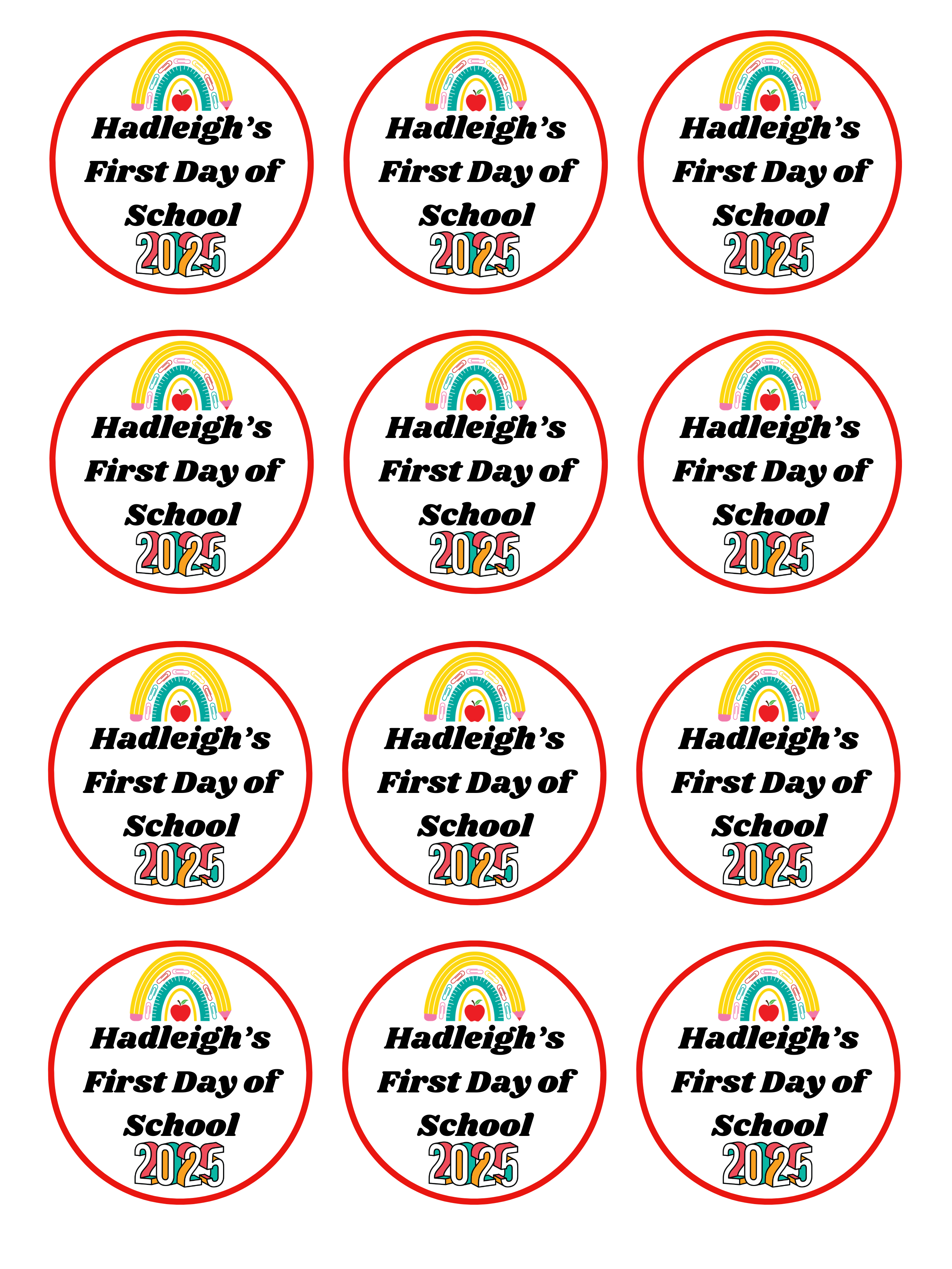 First Day of School 2025 personalised Edible Printed Cupcake Toppers Icing Sheet of 12 toppers