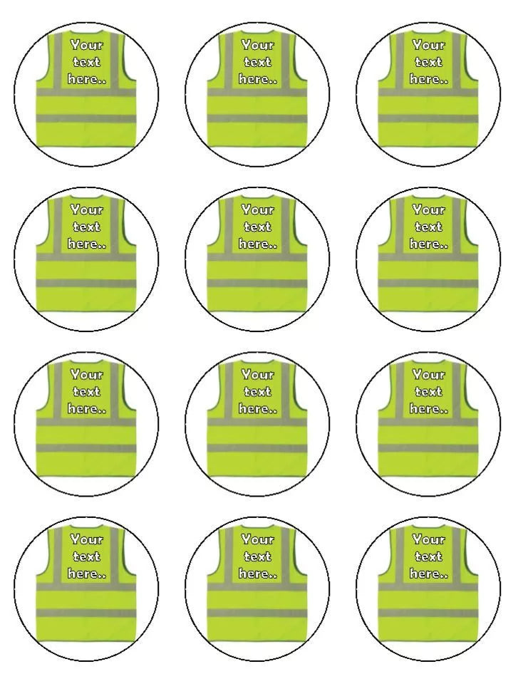 High vis Vest worker builder personalised Edible Printed Cupcake Toppers Icing Sheet of 12 toppers