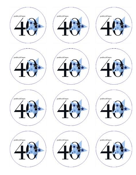 Penblwydd Hapus 40th Blue Welsh edible  printed Cupcake Toppers Icing Sheet of 12 Toppers