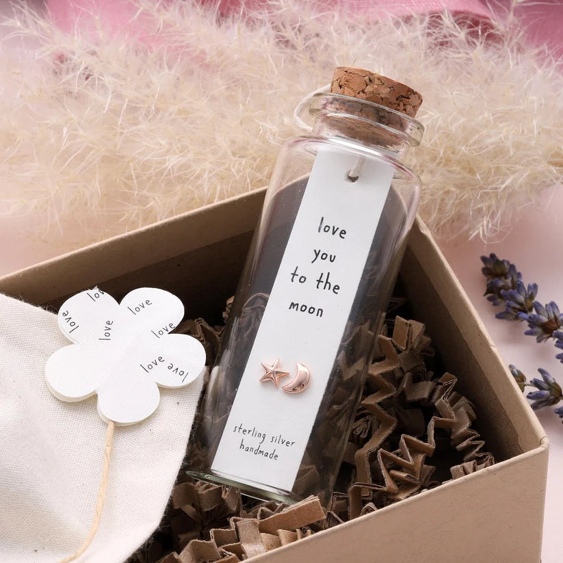 Love you to the Moon - Message in a Bottle - Star & Moon Stud Earrings with Butterfly Back - Rose Gold