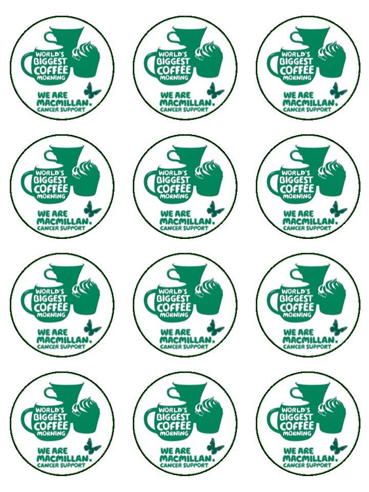 Macmillan Cancer Support Coffee Morning edible printed Cupcake Toppers Icing Sheet of 12 Toppers