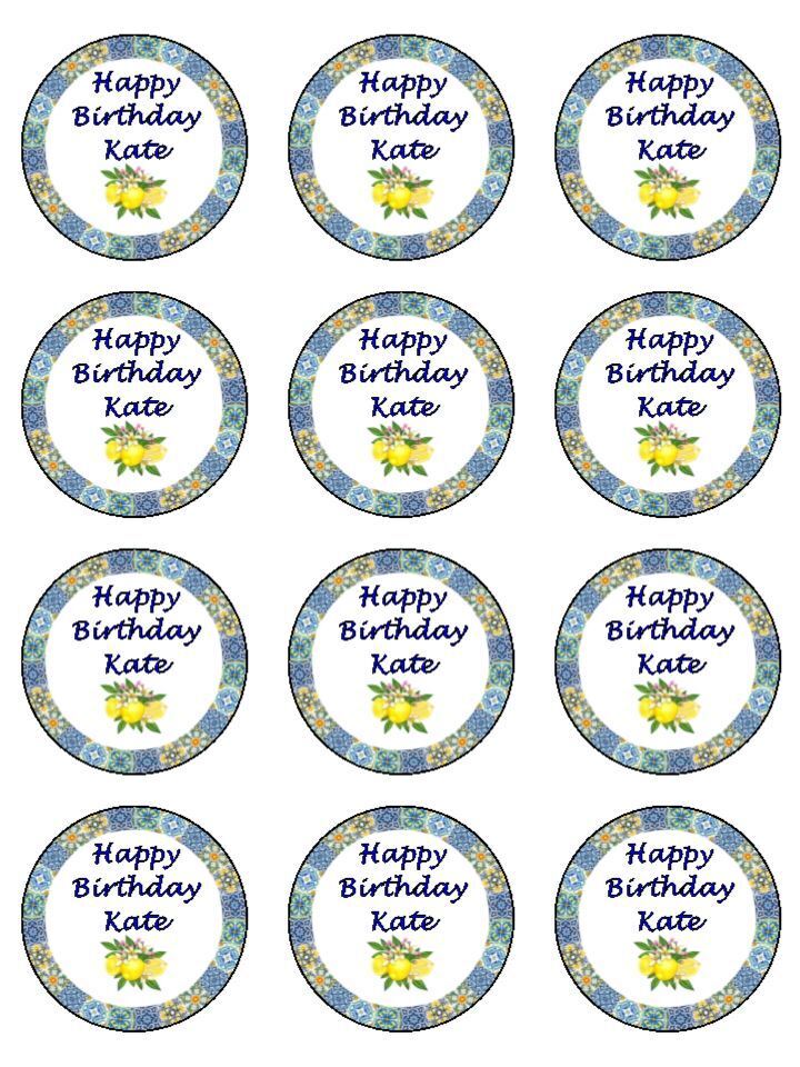 Personalised Mediterranean pattern birthday Edible Printed Cupcake Toppers Icing Sheet of 12 Toppers