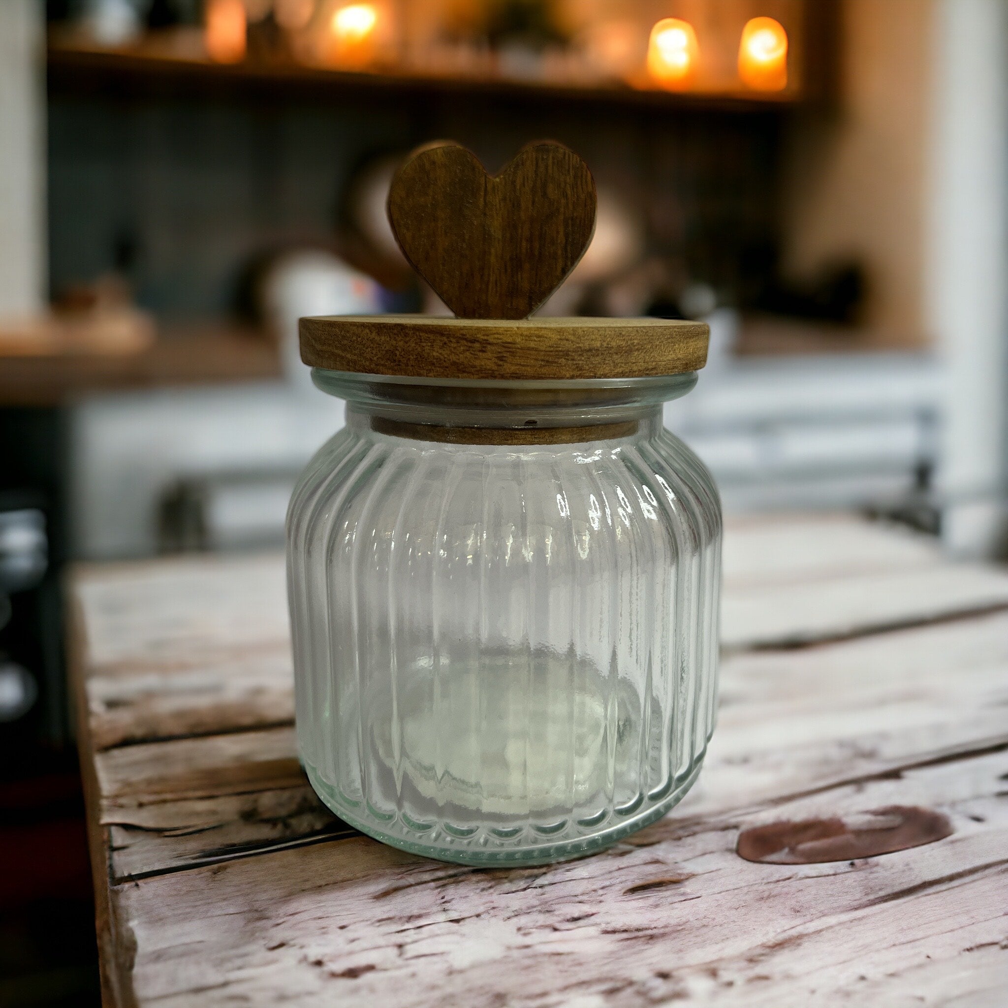 Glass Storage Jar with Wooden Heart Lid Detail